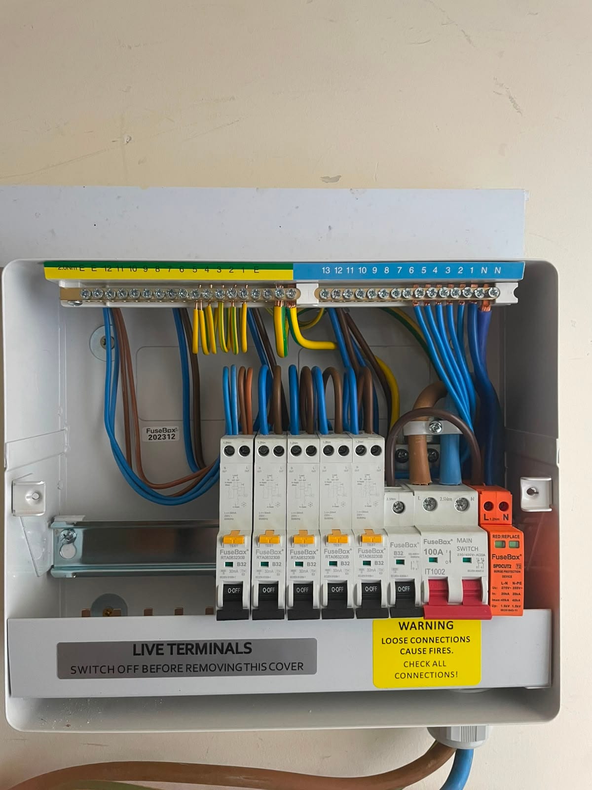 Modern consumer unit with RCBO protection, fitted by Snelling Electrical
